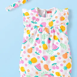 Babyhug Interlock Knit Frill Sleeves Romper With Fruit Print & Hairband - White-picture-17