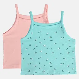 MINI KLUB Cotton Pack Of 2 Sleeveless Solid & Floral Printed Camisoles - Pink & Green-picture-26