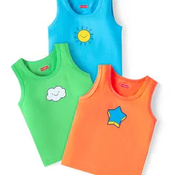 Babyhug 100% Cotton Knit Sleeveless Sandos With Cloud & Star Print Pack of 3 - Blue Red & White image 1