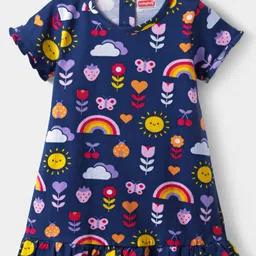 Babyhug Cotton Knit Half Sleeves Nighty with Tropical Print & Frill Detailing - Navy Blue-picture-18