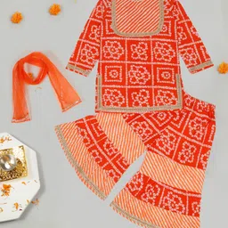 Little Ginnie Cotton Full Sleeves Bandhani Designed & Lace Embellished Kurta With Coordinating Sharara & Dupatta Set - Orange image 1
