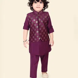 little desi Silk Woven Full Sleeves Solid Kurta Pyjama With Check Sequins Embellished & Threadwork Embroidered Jacket Set - Wine-picture-32