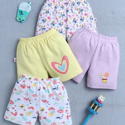 BUMZEE Cotton Pack Of 4 Floral & Heart Printed Shorts - Yellow & Lavender-picture-42
