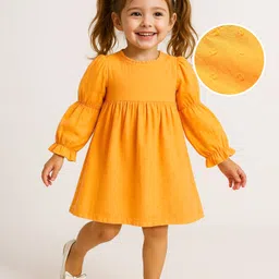 Mark & Mia Woven Full Sleeves Dobbey Fabric Solid Colour Frocks with Frill Detailing -Mustard-picture-15
