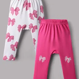 Bonfino Cotton Knit Full Length Diaper Leggings With Bow Print Pack Of 2 - White & Red-image-40