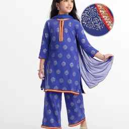 EARTHY TOUCH Single Jersey Knit Full Sleeves Kurti Salwar Set with Dupatta Motif Glitter Print & Lace Detailing - Blue-picture-17
