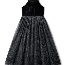 Pine Kids Woven Sleeveless Halter Neck Party Gown With Glitter Print - Black-picture-25