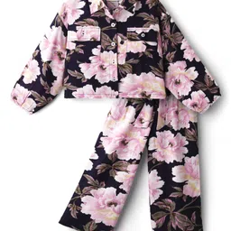 CrayonFlakes Rayon Woven Full Sleeves Floral Printed Shirt Style Crop Top & Coordinating Belted Palazzo Set - Navy Blue-picture-31