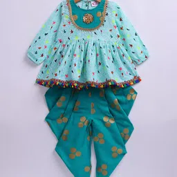 M'andy Rayon Woven Full Sleeves Birds Printed & Sequins Embellished Kurti & Dhoti Set - Green-picture-28