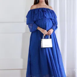 Shades of Sabi Women Off-Shoulder Puff Sleeve Ruffled Maternity Empire Dress-picture-26