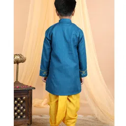 Kinder Kids Full Sleeves Placement Cars Motif Embroidered Kurta With Dhoti - Blue & Yellow image 3