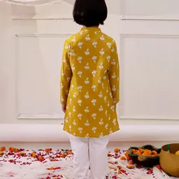 KID1 Cotton Woven Full Sleeves Floral Printed & Threadwork Embroidered Kurta Pyjama Set - Mustard image 3