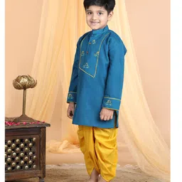 Kinder Kids Full Sleeves Placement Cars Motif Embroidered Kurta With Dhoti - Blue & Yellow image 4