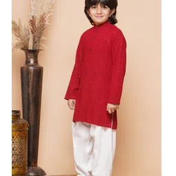 AJ Dezines Full Sleeves Schiffli Sequin Embellished Kurta Pyjama Set -  Red image 4