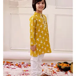KID1 Cotton Woven Full Sleeves Floral Printed & Threadwork Embroidered Kurta Pyjama Set - Mustard image 4