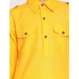 JBN Creation Eid Special Full Sleeves Solid Collared Kurta With Patiala With Cap Set - Yellow & Cream image 5