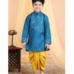 Kinder Kids Full Sleeves Placement Cars Motif Embroidered Kurta With Dhoti - Blue & Yellow image 5