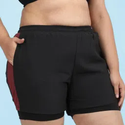 CHKOKKO Plus Size Double Layered Sports Gym Workout Running Maroon Shorts for Women-picture-11