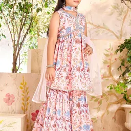 BAESD Girls Floral Printed Gotta Patti Pure Silk A-Line Kurta With Sharara & Dupatta image 2