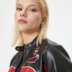 Koton Women Colourblocked Crop Biker Jacket with Patchwork image 2