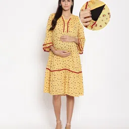 Bella Mama Three Fourth Sleeves Floral Printed Dress - Yellow-picture-16