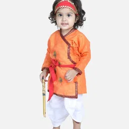 BownBee Janmashtami Theme Full Sleeves Peacock Embroidered Kurta With Dhoti & Basuri With Mukut & Band - Orange image 1