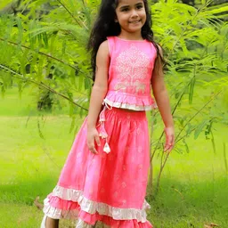 Twisha Girls Sleeveless Elephant Foil Print Top With Lehenga -Pink-picture-28