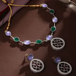 ASMITTA JEWELLERY Sliver-Plated Stone-Studded Jewellery Set-image-2