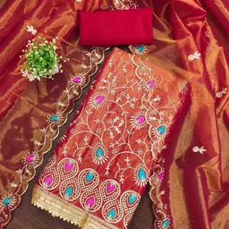 KIMISHA Floral Embroidered Thread Work Organza Unstitched Dress Material-image-95