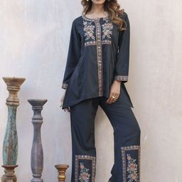 Sangria Embroidered Round Neck Tunic With Trousers Co-Ords-picture-39