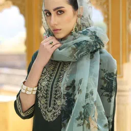 SHOPLANCE Women Ethnic Motifs Embroidered Regular Thread Work Chanderi Cotton Kurta with Trousers & With image 3