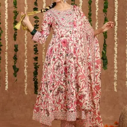 SRF JAIPUR Women Floral Printed Panelled Pure Cotton Kurta with Trousers & With Dupatta image 2