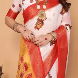 ALMAARI FASHION Ethnic Motifs Printed Pure Linen Handloom Saree image 2