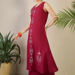 INDO ERA Maroon Embroidered Pure Cotton Tunic with Palazzos image 4