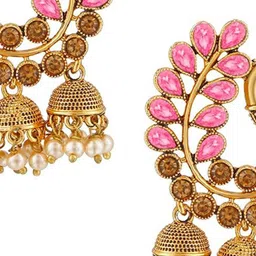 Saizen Gold-Plated Kundan Studded And Pearls Beaded Peacock Shaped Jhumkas image 2
