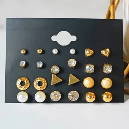 PolluxCraft Set of 12 Gold-Plated Stones Studded And Beaded Circular Shaped Korean Studs-picture-18