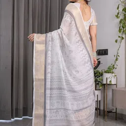 ALMAARI FASHION Ethnic Motifs Printed Pure Cotton Jamdani Saree And Unstitched Blouse image 5