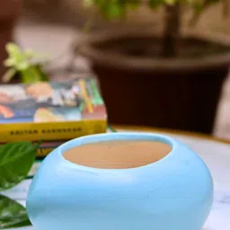 WEAVING HOMES Blue Ceramic Pebble Planter image 4