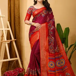 HERE&NOW Kalamkari Zari Silk Cotton Banarasi Saree-picture-14