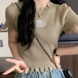 KPOP Women Typography Embroidered Striped Round Neck Short Sleeves Top image 1