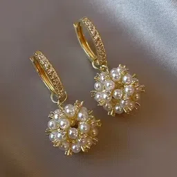 PolluxCraft Korean Gold-Plated Stones Studded & Pearls Beaded Contemporary Hoop Earrings-picture-23