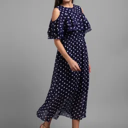 RC NEOEN Polka Dot Print Cold-Shoulder Ruffled Georgette A-Line Midi Dress image 3
