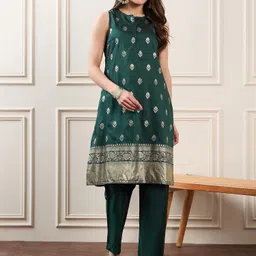 House of Pataudi Woven Design Straight Kurta & Palazzos With Jacket image 4