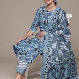 Readiprint Fashions Floral Printed Sequinned Pure Cotton Kurta with Trousers & Dupatta-image-72