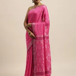 swatika Pink Ethnic Motifs Silk Blend Handloom Bhagalpuri Saree-image-26
