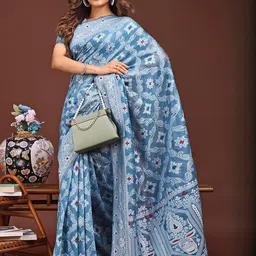 Peachmode Blue Woven Design Pure Linen Sarees-image-40