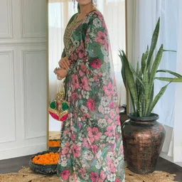 KALINI Women Floral Embroidered Regular Chikankari Kurta with Trousers & With Dupatta image 2