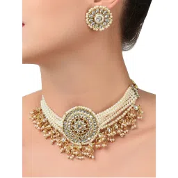 Zaveri Pearls Gold Tone Kundan & Multistrand Pearls Choker Necklace & Earring Set (ZPFK9805)-image-60