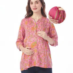 Bella Mama   Woven Three Fourth Sleeves Pintucks Detailing &  Jal Printed  Maternity Top with Pocket - Pink-picture-13