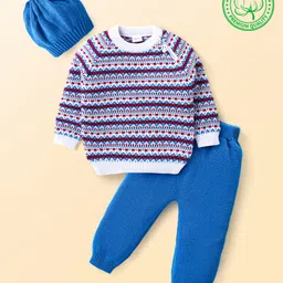 Babyhug Knitted Full Raglan Sleeves Pullover Sweater Set with Cap & Aztec Design - Blue-picture-17